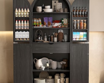 Tall Arched Cabinet with Doors, Farmhouse Kitchen Pantry with Adjustable Shelves, Rustic Storage Shelf, Wooden cabinet