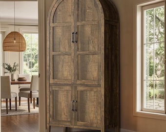 Arched Farmhouse Pantry Cabinet | Tall Display Hutch, Rustic Brown Finish | Storage Cabinet