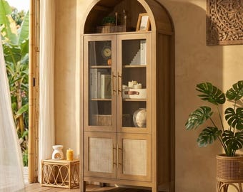 Arched Pantry Cabinet with Glass Doors, Tall Pantry Cabinet, Modern Farmhouse Cabinet, Walnut Display Storage Cabinet, Glass Bookcas
