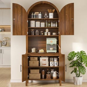 May include: A tall, arched wooden cabinet with open doors, featuring multiple shelves organized with kitchen canisters, a light green espresso machine, woven storage baskets, and various ceramic mugs, jars, and wooden kitchen utensils.