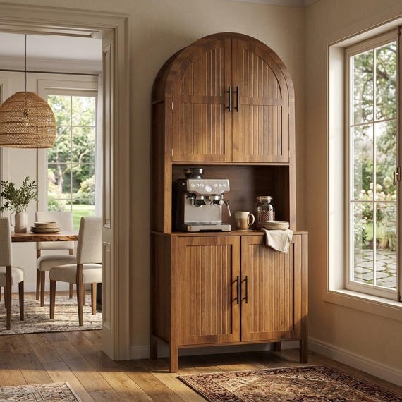 Tall Arched Cabinet | Fluted Bookcase with Doors | Coffee Bar Stand | Walnut Hutch | Farmhouse Decor | Tall Pantry Cabinet | Rustic Cupboard