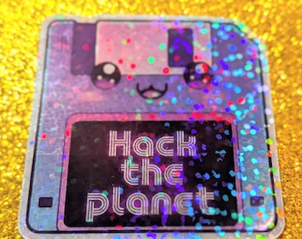 Kawaii Hack the Planet Glitter Sticker: Vaporwave Floppy Disk