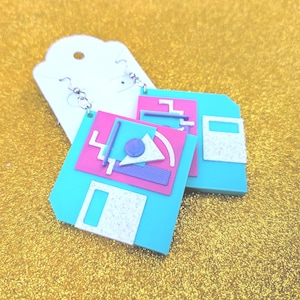 90s Memphis Floppy Disk Earrings: Vaporwave Retro Statement Jewelry