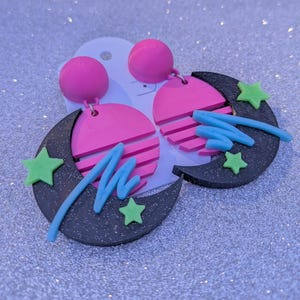 Vaporwave Arcade Moon Earrings: UV Reactive Glow in the Dark Jewelry