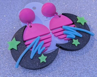 Vaporwave Arcade Moon Earrings: UV Reactive Glow in the Dark Jewelry