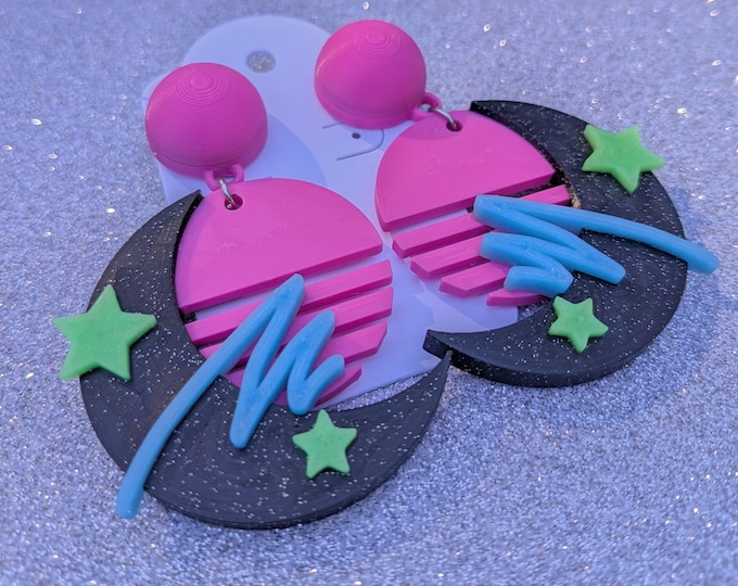 Vaporwave Arcade Moon Earrings: UV Reactive Glow in the Dark Jewelry