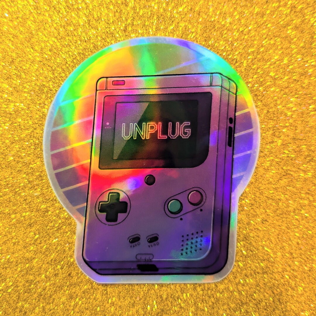 Unplug Holographic Sticker: Rainbow Vaporwave Sunset Gameboy - Etsy