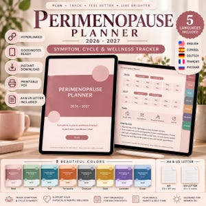 May include: A digital Perimenopause Planner 2026-2027 displayed on two tablets, featuring a symptom, cycle, and wellness tracker. The interface includes hyperlinked tabs, monthly logs, and tools for meal planning and journaling in eight colour options.