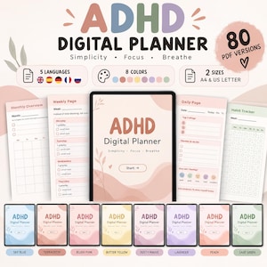 Puede incluir: Un planificador digital para la gestión del TDAH con 80 versiones PDF, 5 idiomas, 8 esquemas de color y 2 tamaños, A4 y US Letter. La interfaz muestra páginas mensuales, semanales y diarias con rastreadores de hábitos y un botón de inicio.