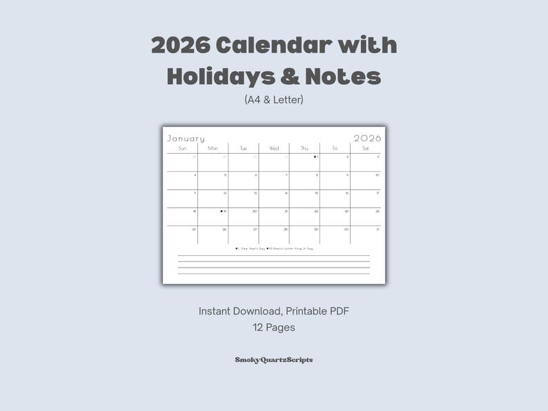 Minimalist 2026 Calendar, Printable Version, Letter Size, A4 Size, With ...