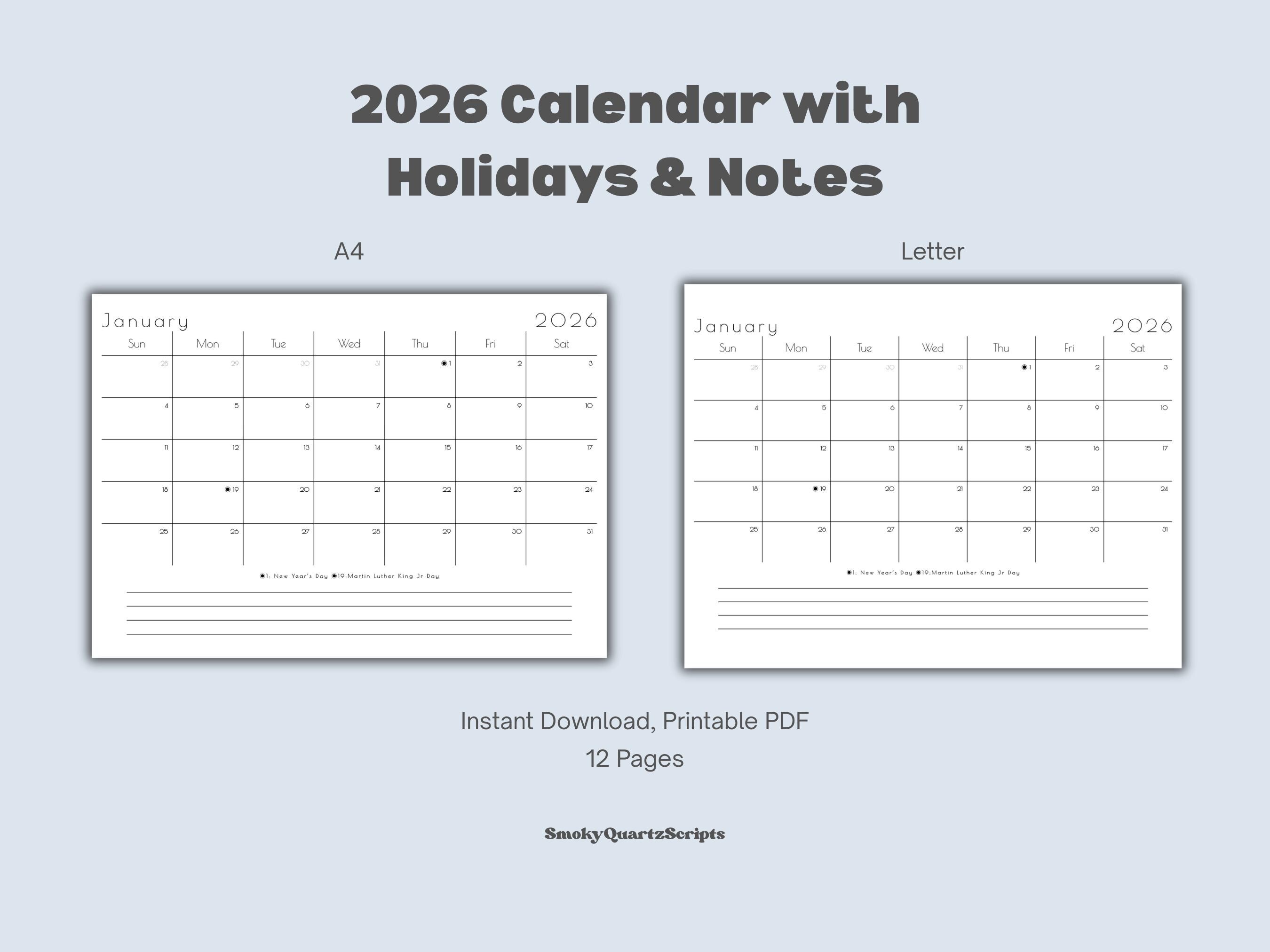 Minimalist 2026 Calendar, Printable Version, Letter Size, A4 Size, With ...