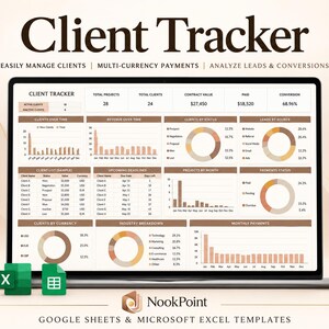 Hoja de cálculo de seguimiento de clientes para Google Sheets: Panel de control de CRM, seguimiento de proyectos y pagos.