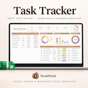 Può includere: Uno schermo di un portatile che mostra un foglio di calcolo Task Tracker con grafici colorati, barre di avanzamento e tabelle di dati. Il testo recita Task Tracker, Smart Task Tracker, Deadlines & Calendar in One Place, NookPoint e Google Sheets & Microsoft Excel Templates.