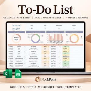 Puede incluir: Una pantalla de portátil que muestra una plantilla digital de lista de tareas con gráficos de progreso, estado y prioridad. La interfaz incluye columnas para fecha, categoría, tarea, prioridad, fecha de vencimiento, días restantes y estado.