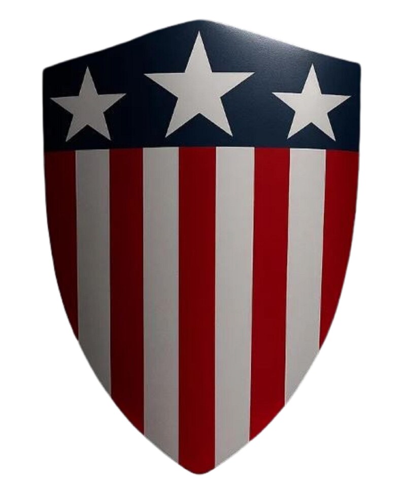 K&ouml;nnte beinhalten: Ein Schild mit patriotischem Design. Der obere Teil ist marineblau mit drei wei&szlig;en Sternen. Der untere Teil weist abwechselnd rote und wei&szlig;e vertikale Streifen auf. Das Schild hat eine gebogene, spitze Form.