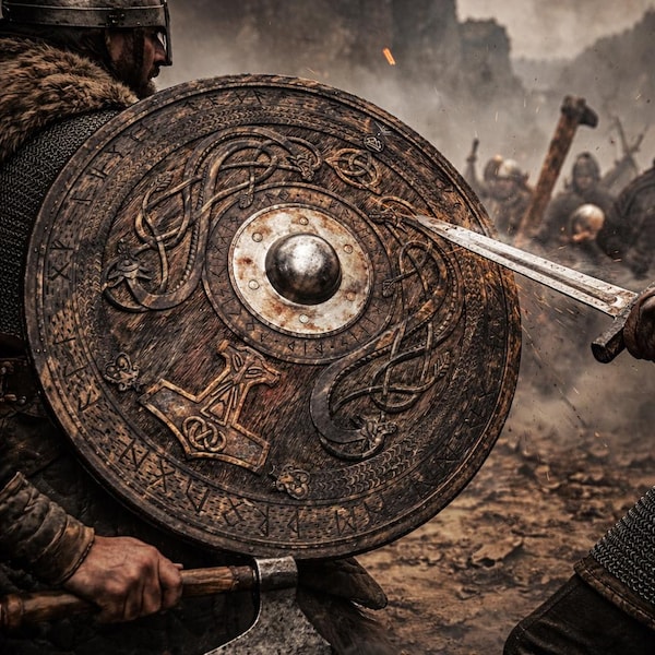Hand Carved Viking Wooden Shield: Medieval Wall Decor, LARP Cosplay