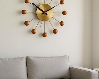 Mid-Century Starburst Wanduhr: Messing & Holz Atomic Dekor