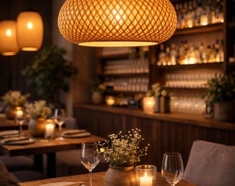Handgemaakte natuurlijke hangende hanger bamboe lantaarn lamp ophanging, ronde rotan lampenkap, licht voor woonkamer, slaapkamer, woondecoratie