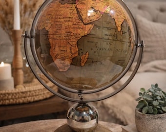 Antike Weltkarte Globe, drehbarer Sepia-Ton, Metall & Holz