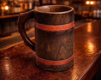 Personalized Viking Beer Mug: Handmade Wooden Tankard with Leather Belt