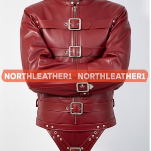 Herren Echtleder Zwangsjacke Kostüm Requisite mit Schnallen und hohem Kragen