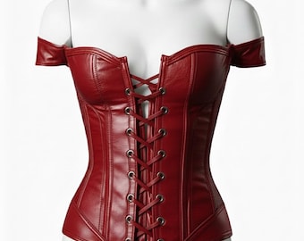 Women's Red Leather Lace Up Corset Bustier Off Shoulder Gothic Style