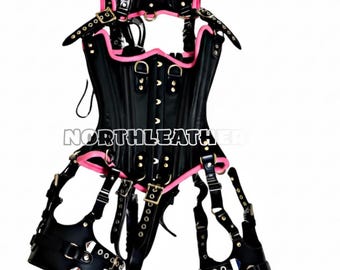 Damen Echtleder Korsett Set - Trim, Multi-Strap Gothic Outfit für Frauen