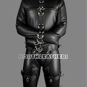 Men's Real Black Leather Straitjacket Cow Leather With D-Ring Buckle Design Full Body Suit