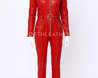 Women Red Genuine Leather Jumpsuit: Zip Front Biker Catsuit