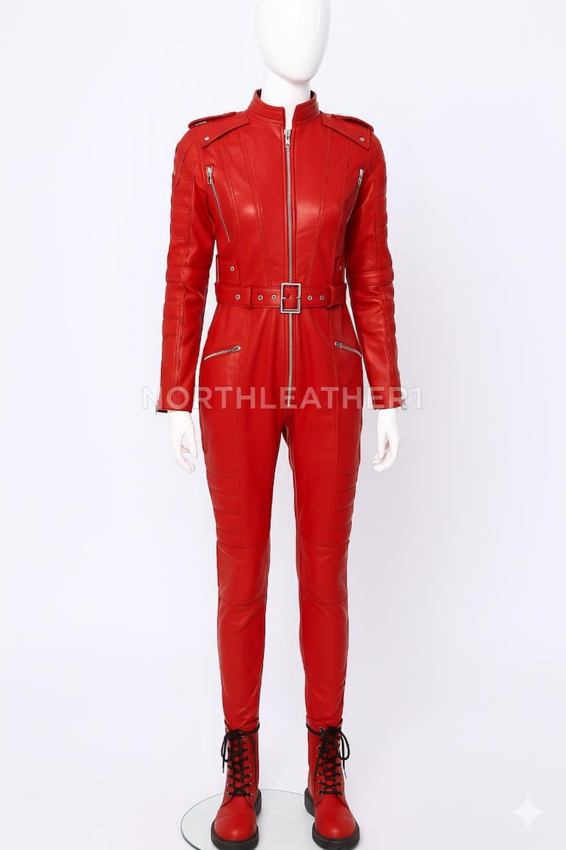 Frauen Roter Echtleder Jumpsuit: Biker Catsuit mit Reißverschluss vorne Bild 1