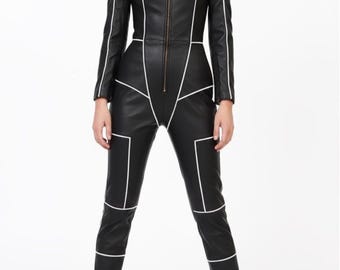 Black Genuine Leather Jumpsuit Women | White Piping Bodysuit | Full Zip Front Clubwear | Festival Outfit