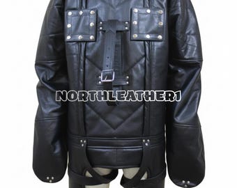 Black Real Leather Straitjacket Bondage Suit with Adjustable Straps Costume