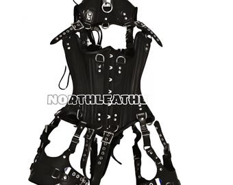 Women's Genuine Black Leather Corset Set – Trim, Multi-Strap Gothic Outfit for women