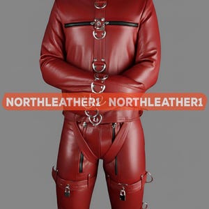 Traje completo de cuerpo entero con camisa de fuerza de cuero genuino de vaca para hombre, con hebilla de anilla en D.