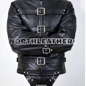 Men's Real-Leather Straitjacket Costume Prop with Buckles and High Collar