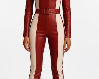 Damen Rot-Schwarzer Overall aus echtem Schafsleder - Reißverschluss-Outfit mit Gürtel Taille