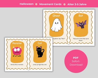 Puede incluir: Tarjetas de movimiento con temática de Halloween para niños de 3 a 5 años. Presentan ilustraciones de un fantasma, un murciélago, un monstruo y un gato, con instrucciones como "Di '¡Buuu!'" y "Salta como un gato". Fondo naranja claro.