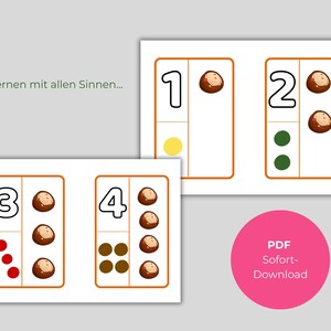 Może przedstawiać: Karty edukacyjne z liczbami od 1 do 4, każda z odpowiednią liczbą brązowych kasztanów i kolorowych kropek. Karty są przeznaczone do nauki i zawierają tekst "Lernen mit allen Sinnen..." oraz różowe koło z napisem "PDF Sofort-Download".