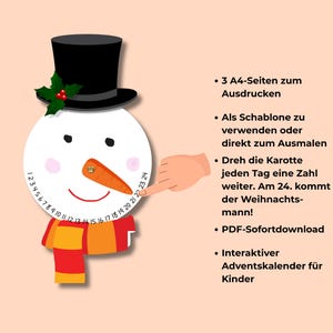 Puede incluir: Calendario de adviento con tema de muñeco de nieve, con sombrero de copa negro, nariz de zanahoria y bufanda roja y naranja. El calendario tiene números alrededor de la cara del muñeco de nieve y una mano señalando el día 22.