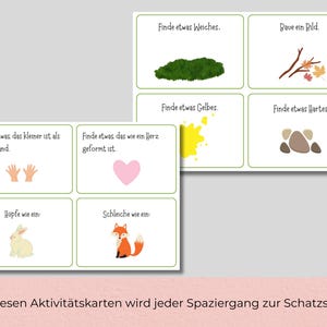 Puede incluir: Un conjunto de tarjetas de actividades con ilustraciones y texto en alemán. Las tarjetas presentan imágenes de un corazón, un conejo, un zorro y otros objetos. Las tarjetas están diseñadas para fomentar la exploración y el descubrimiento.