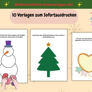May include: A set of Christmas-themed activity sheets with illustrations of a snowman, Christmas tree, and cookie. The text reads "Weihnachtliche Knetvorlagen Set" and "10 Vorlagen zum Sofortausdrucken". A printer icon is in the upper right.