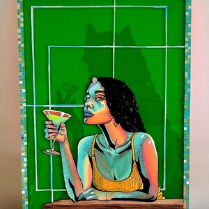 Surreal Colorful Green Female Portrait Mixed Media Art
