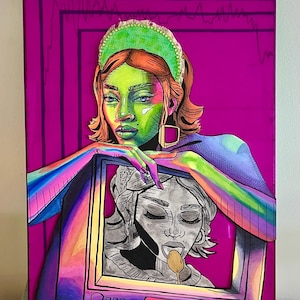 Surreal Colorful Pink Female Portrait Mixed Media Art