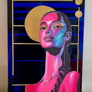 Surreal Colorful Blue Female Portrait Mixed Media Art