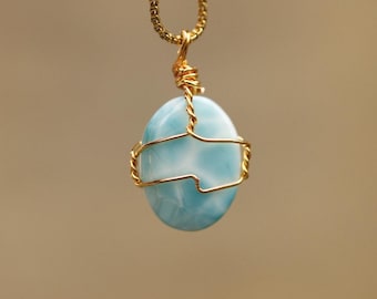 Larimar golden gemstone necklace, AAA+ top quality Larimar necklace, healing stone pendant, raw gemstone necklace, statement birthstone