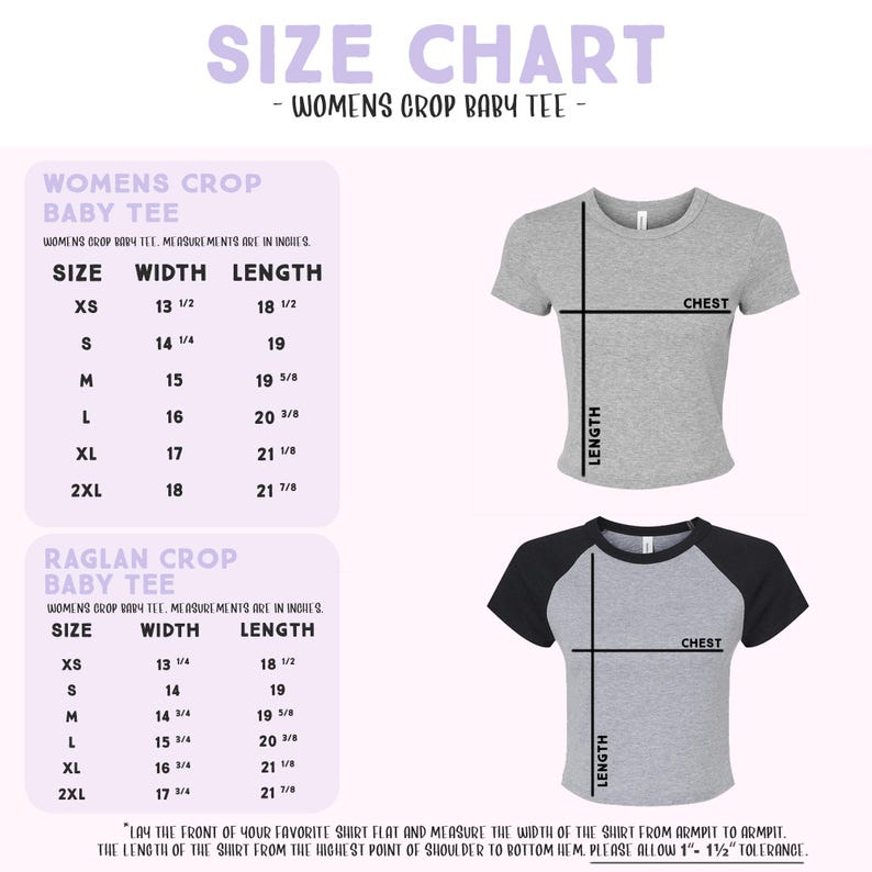 The image is a size chart for women's crop baby t-shirts. It provides measurements for different sizes, including XS, S, M, L, and XL, along with corresponding width and length measurements. The chart also includes a warning that the front of the shirt should be flat and the width of the shirt should be measured from the highest point of shoulder to the bottom of the shirt.
