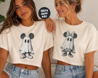 Vintage Mickey Minnie Halloween Couple Boxy Tee Mickey Ghost Baby Tee Minnie Ghost Crop Top Halloween Spooky Season Comfort Colors® Boxy Tee