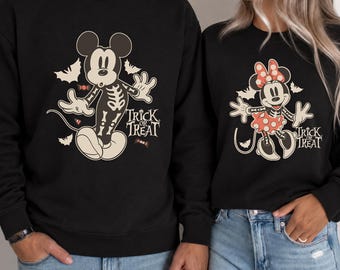 Vintage Mickey Minnie Halloween Couple Sweatshirt Mickey Skeleton Minnie Skeleton Shirt Trick Or Treat Retro Disney Spooky Season Sweatshirt