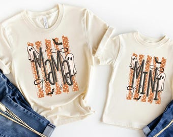 Mama And Mini Halloween Shirt Matching Mom And Daughter Shirts Preppy Striped Halloween Shirt Coquette Halloween Mom Shirt Boo Ghost Shirt
