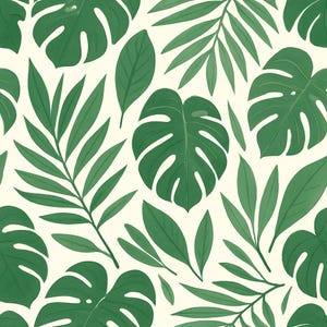 Può includere: Un motivo senza cuciture con varie foglie tropicali verdi, tra cui foglie di Monstera e di palma, su uno sfondo color crema. Le foglie sono rappresentate in uno stile illustrativo dettagliato, creando un design botanico lussureggiante.